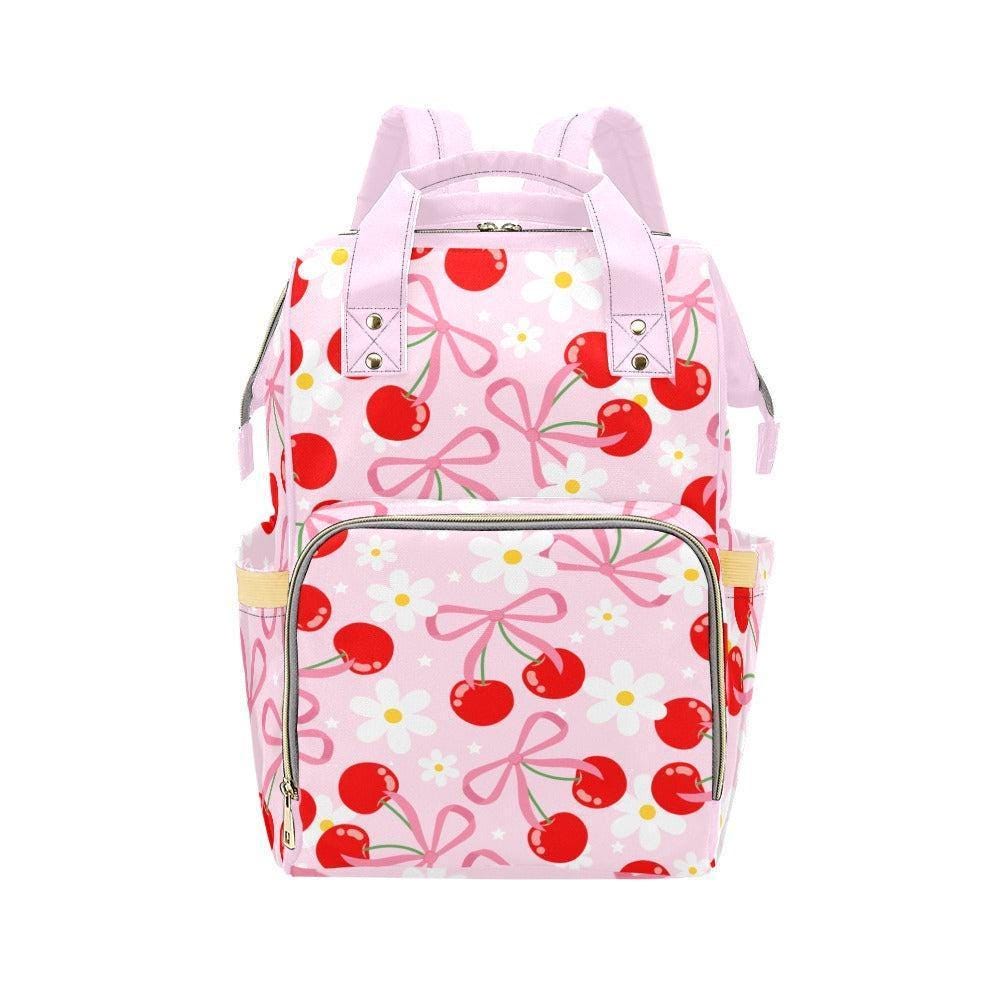Coquette Cherry Diaper Bag Backpack, Baby Girl Travel Pack, Bow Nursery Organizer