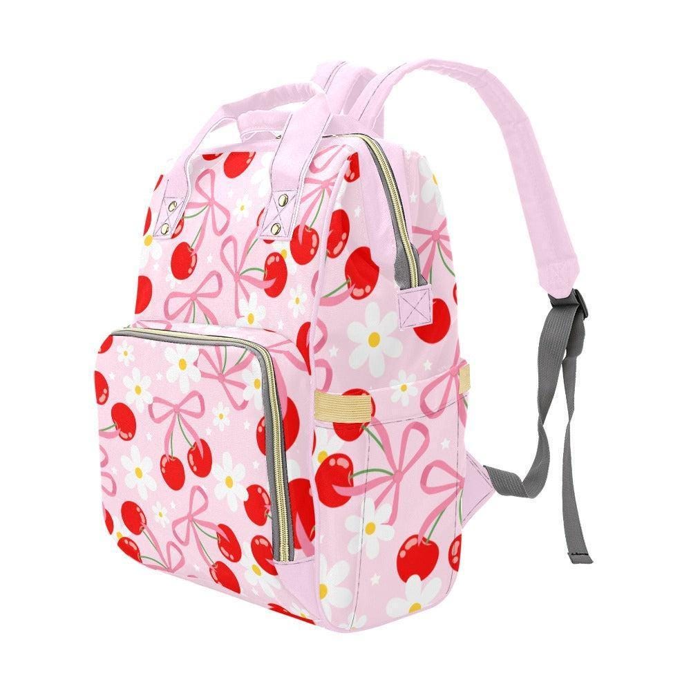 Coquette Cherry Diaper Bag Backpack, Baby Girl Travel Pack, Bow Nursery Organizer