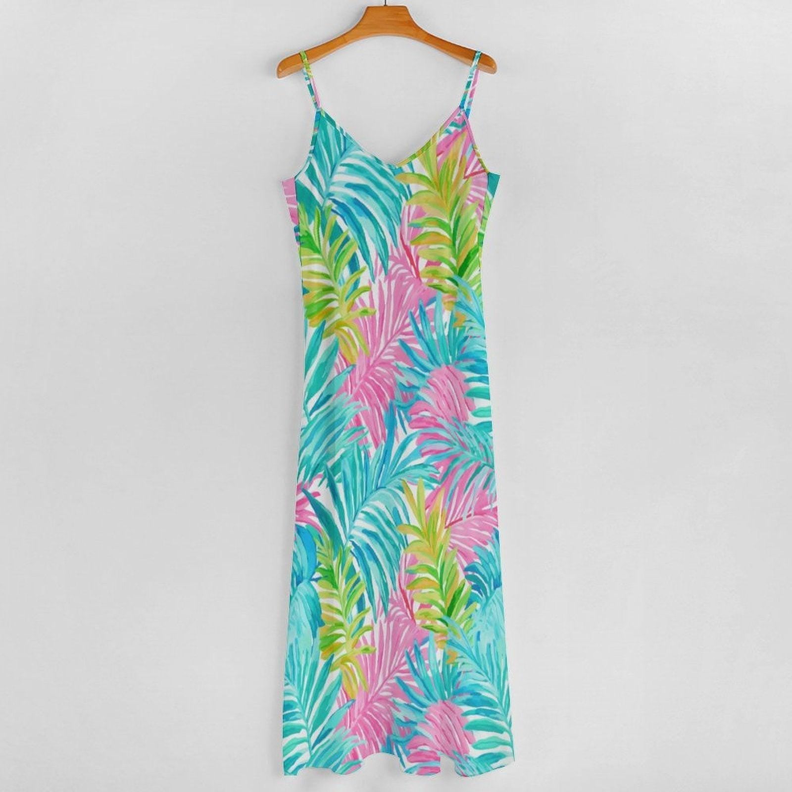 Tropical Palm Leaf Maxi Dress, Rainbow Summer Vacation Dress, Y2K Resort Beachwear Outfit, Colorful Island Sundress, Bright Coastal Style