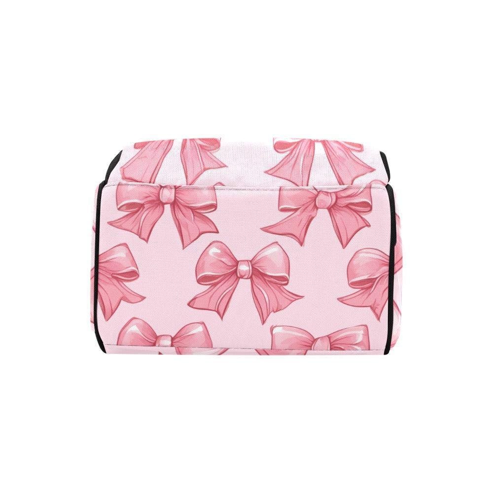 Pink Bow Print Diaper Bag, Kawaii Nylon Backpack