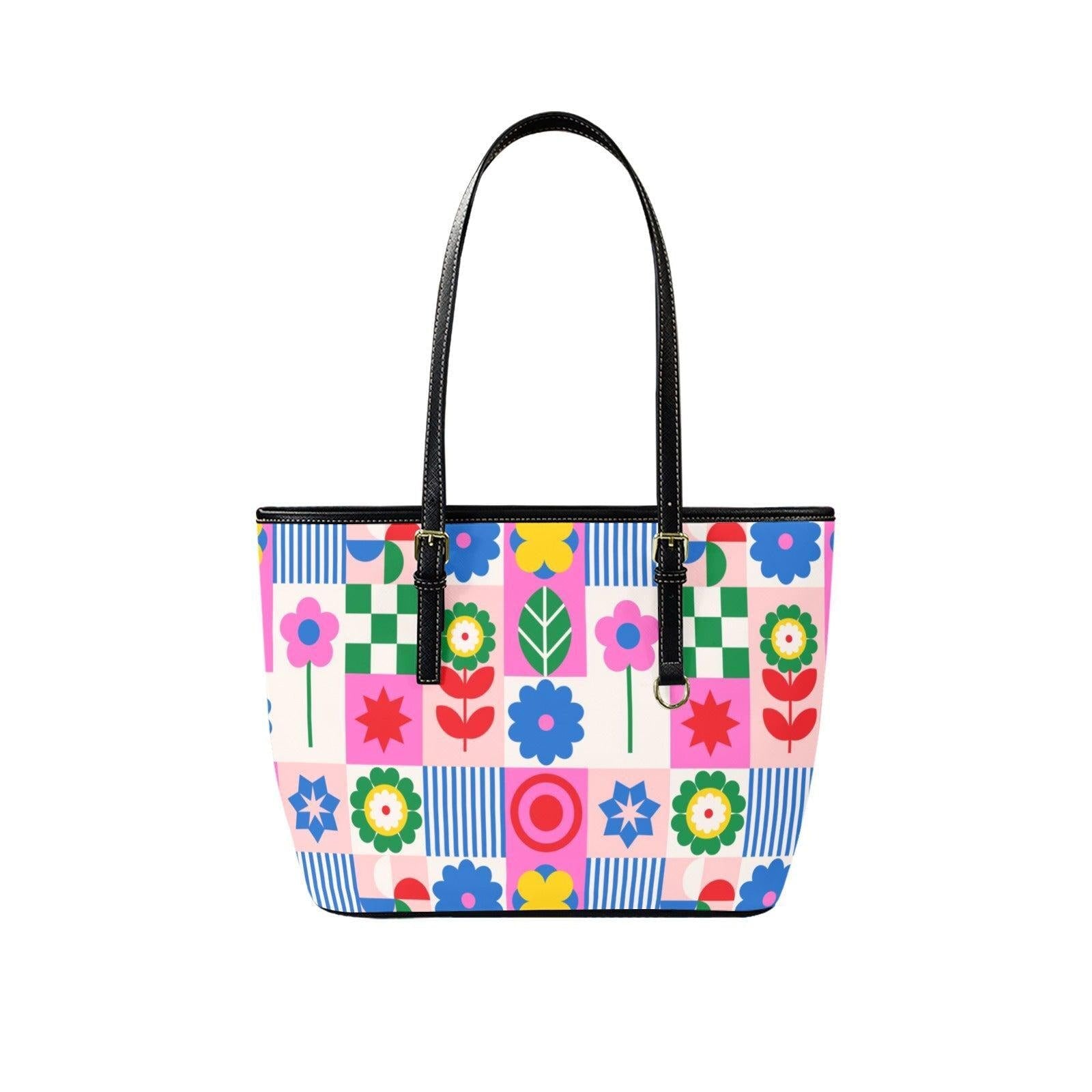 Retro Floral Beach Tote Bag Colorful Geometric Shoulder Bag Summer Poolside Carryall