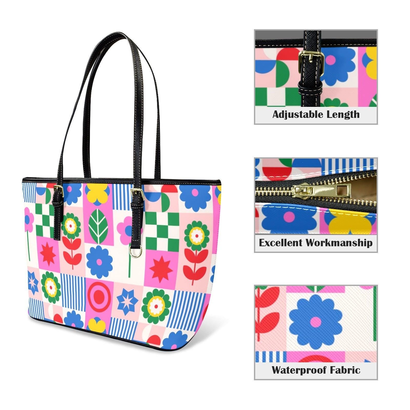 Retro Floral Beach Tote Bag Colorful Geometric Shoulder Bag Summer Poolside Carryall
