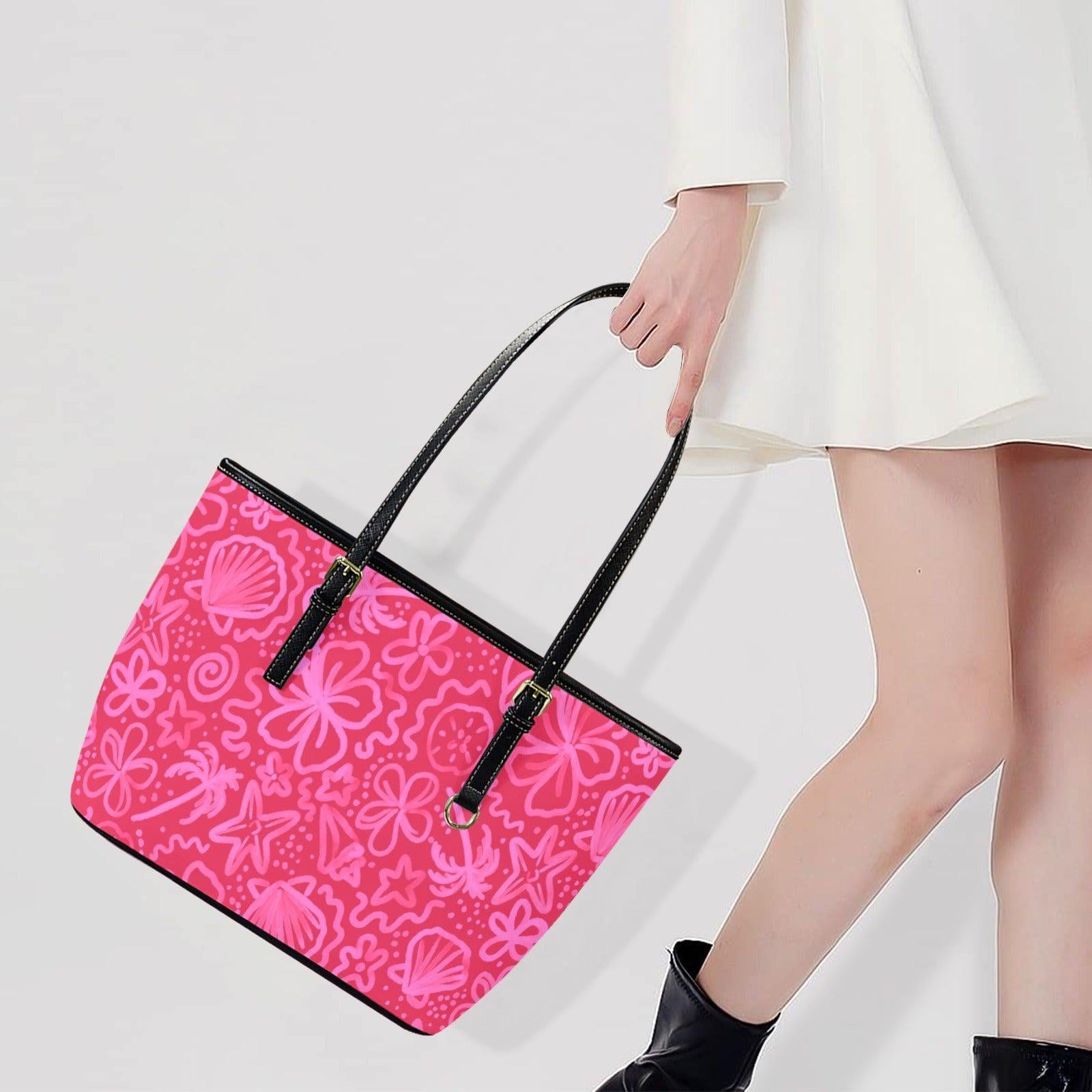 Beach Tote Bag in Pink Tropical Floral Shell Print, Summer Vacation Shoulder Purse