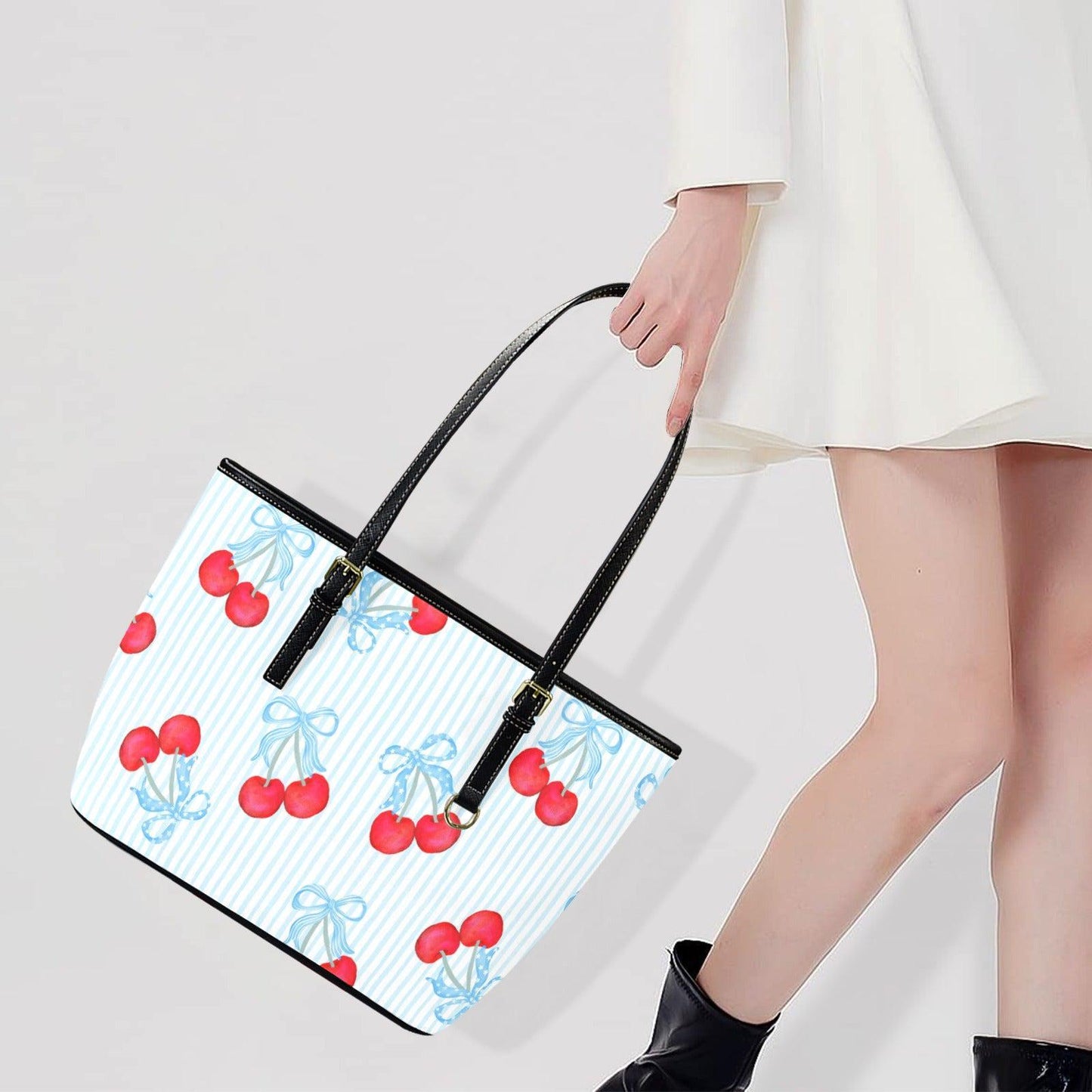Cherry Tote Bag, Blue Stripe Bow Handbag, Picnic Purse for Boardwalk and Market