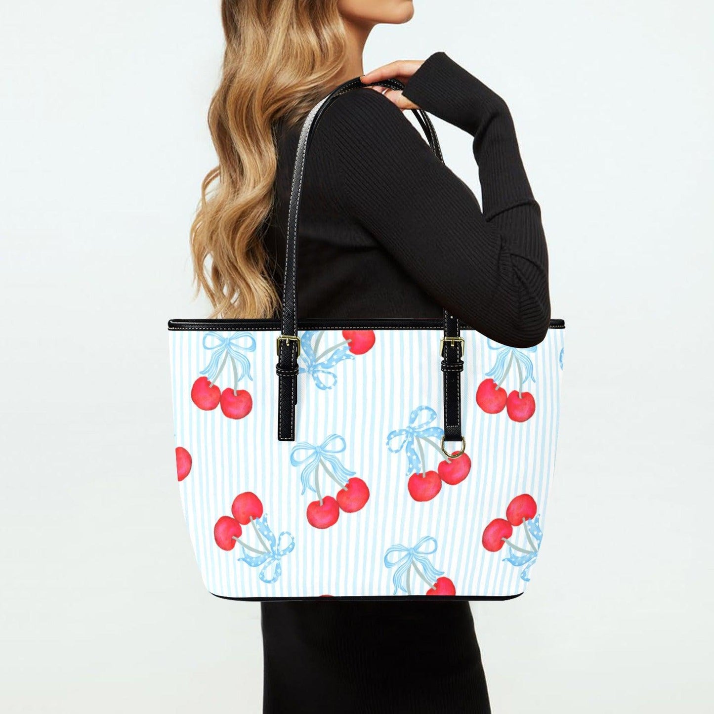 Cherry Tote Bag, Blue Stripe Bow Handbag, Picnic Purse for Boardwalk and Market