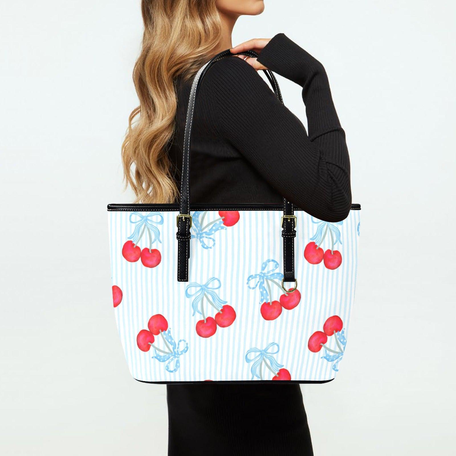 Cherry Tote Bag, Blue Stripe Bow Handbag, Picnic Purse for Boardwalk and Market