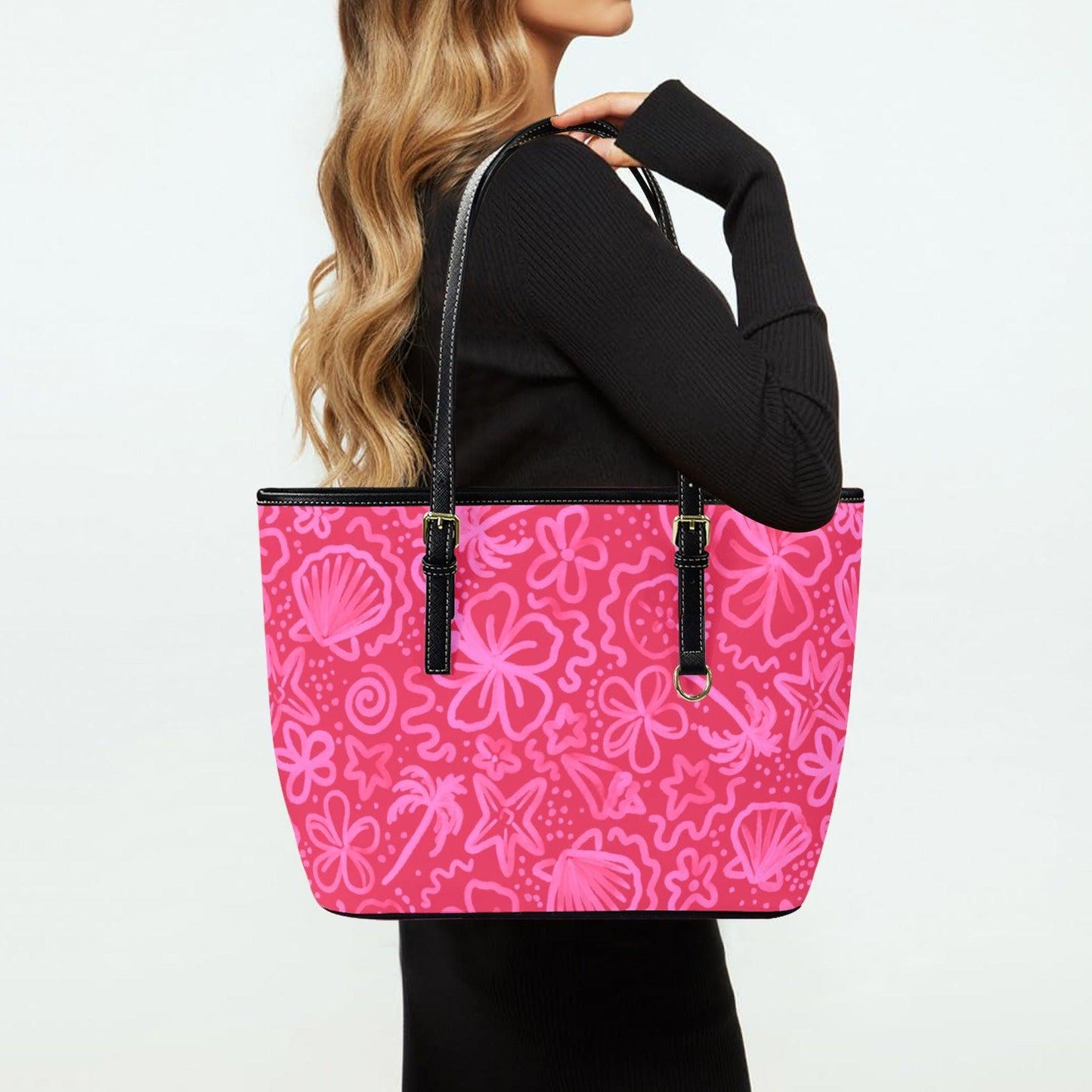 Beach Tote Bag in Pink Tropical Floral Shell Print, Summer Vacation Shoulder Purse
