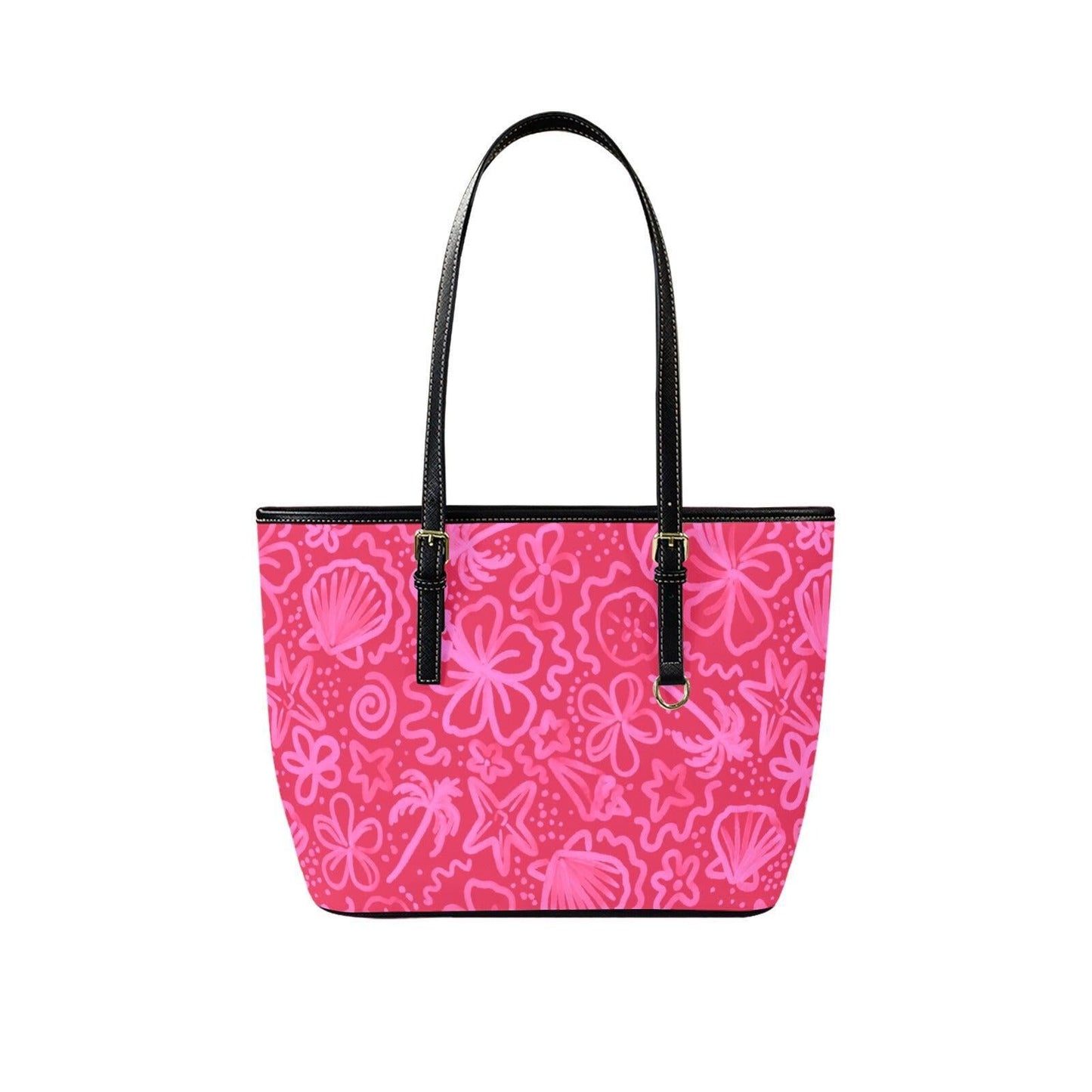 Beach Tote Bag in Pink Tropical Floral Shell Print, Summer Vacation Shoulder Purse