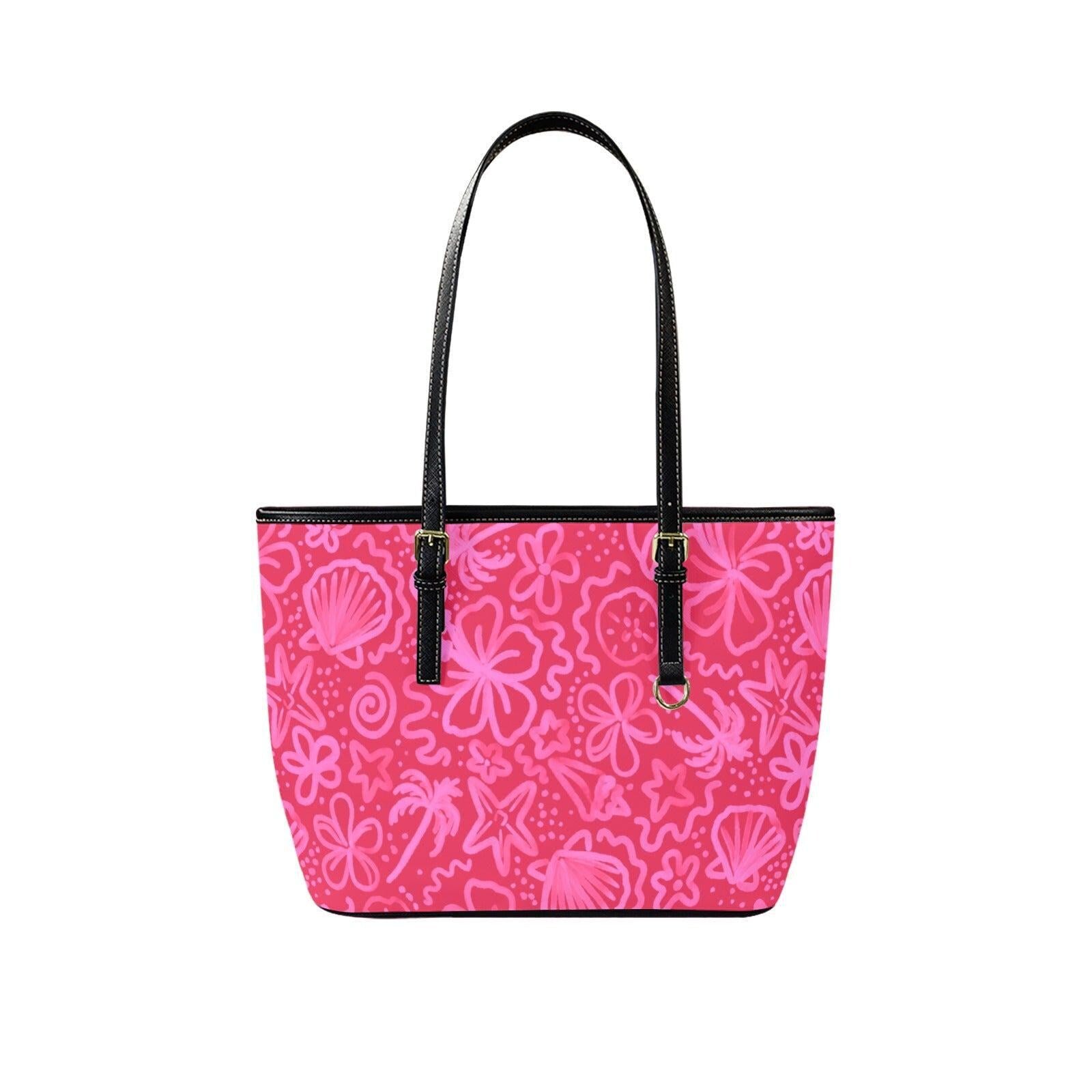 Beach Tote Bag in Pink Tropical Floral Shell Print, Summer Vacation Shoulder Purse