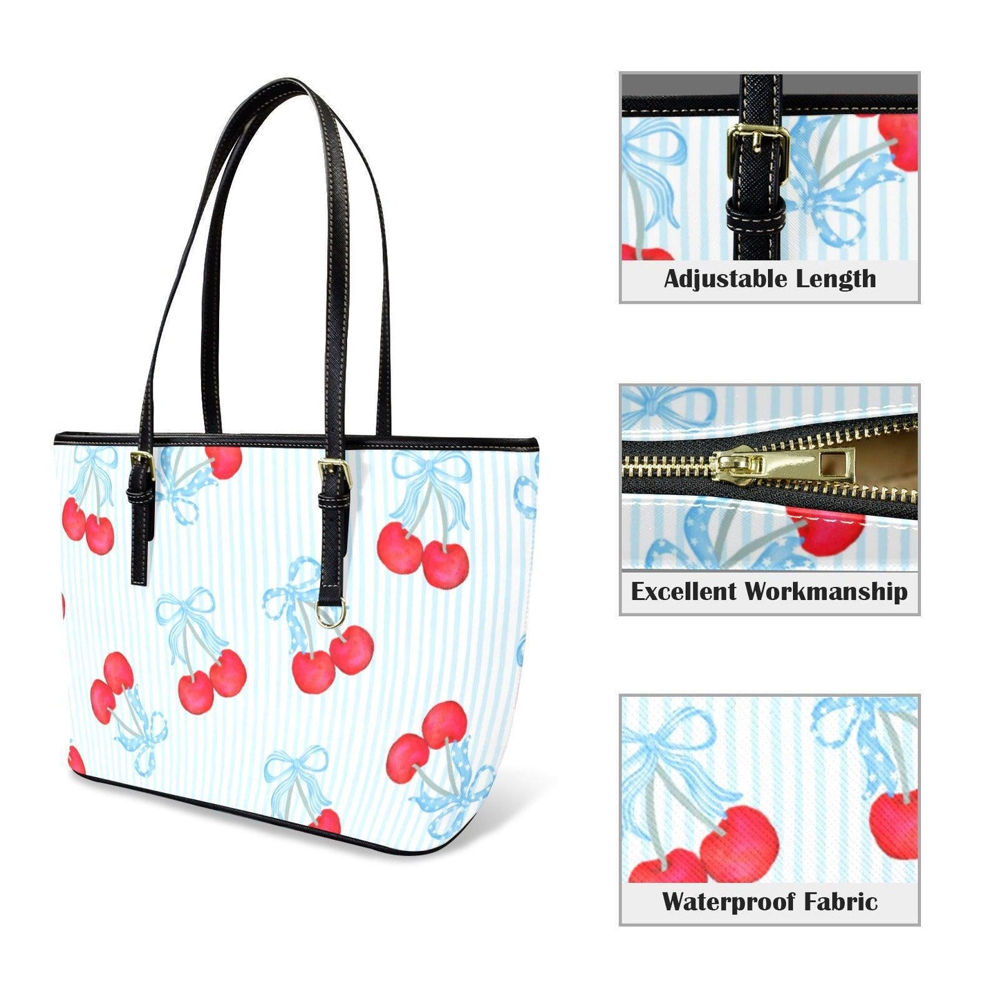 Cherry Tote Bag, Blue Stripe Bow Handbag, Picnic Purse for Boardwalk and Market