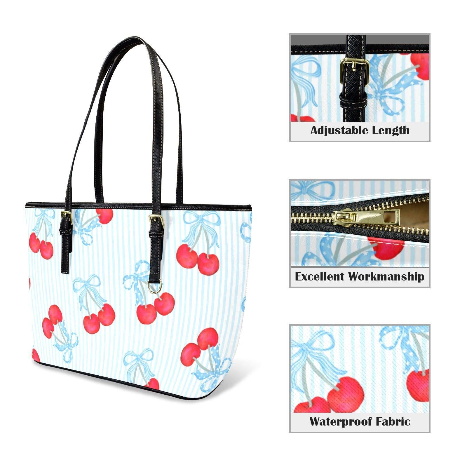 Cherry Tote Bag, Blue Stripe Bow Handbag, Picnic Purse for Boardwalk and Market