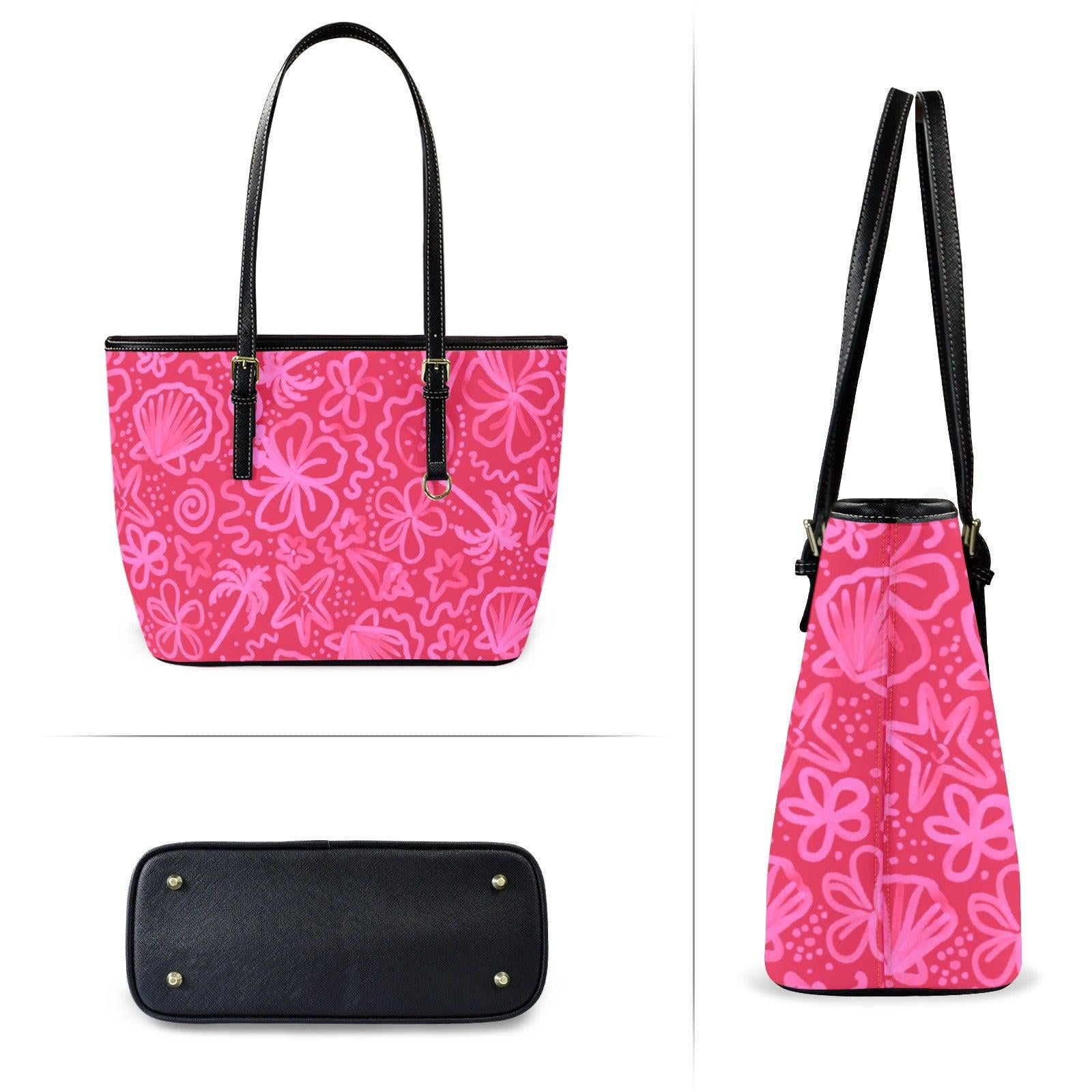 Beach Tote Bag in Pink Tropical Floral Shell Print, Summer Vacation Shoulder Purse