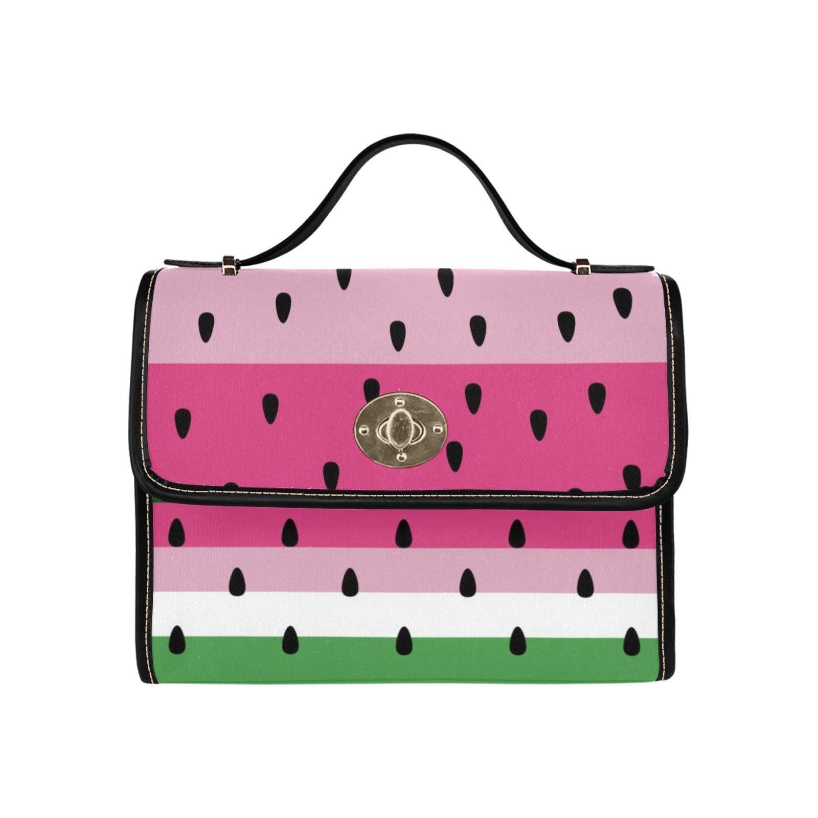 Watermelon stripe satchel purse, pink fruit print handbag, summer picnic crossbody bag, cute top handle bag