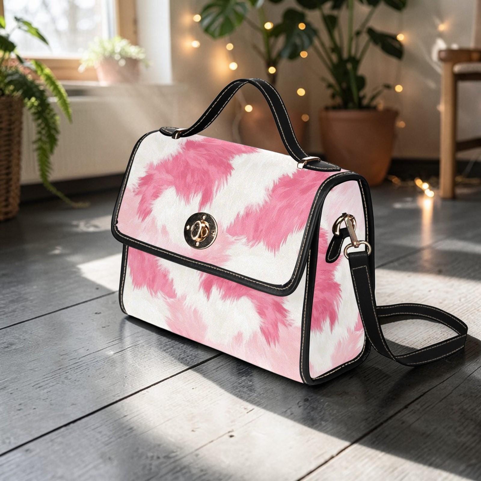 Pink Cow Print Satchel Purse Western Crossbody Handbag Y2K Girly Statement Bag
