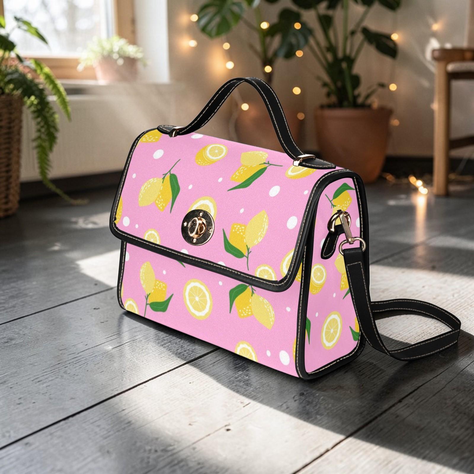 Lemon Print Satchel Bag Pink Citrus Handbag Cute Summer Crossbody Purse