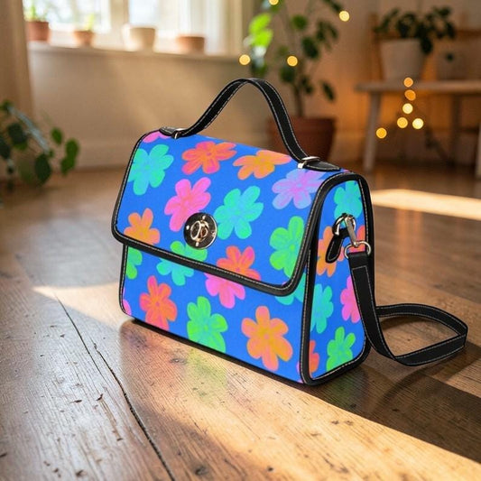 Neon floral crossbody bag, retro colorful satchel purse, summer statement handbag, vibrant daisy accessory