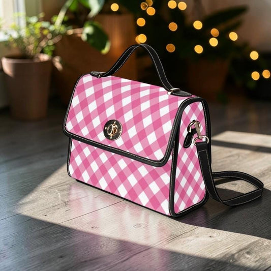 Pink gingham satchel purse, cottagecore check handbag, crossbody picnic bag, retro pastel top handle, waterproof canvas tote