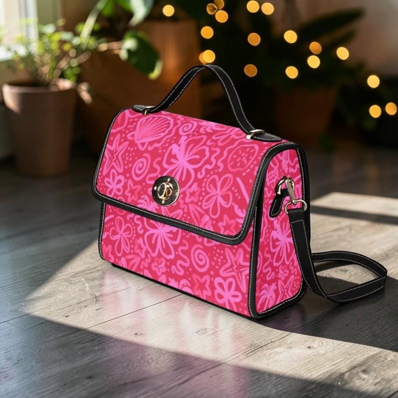 Hot Pink Top Handle Bag, Retro Floral Satchel, Bold Girly Handbag