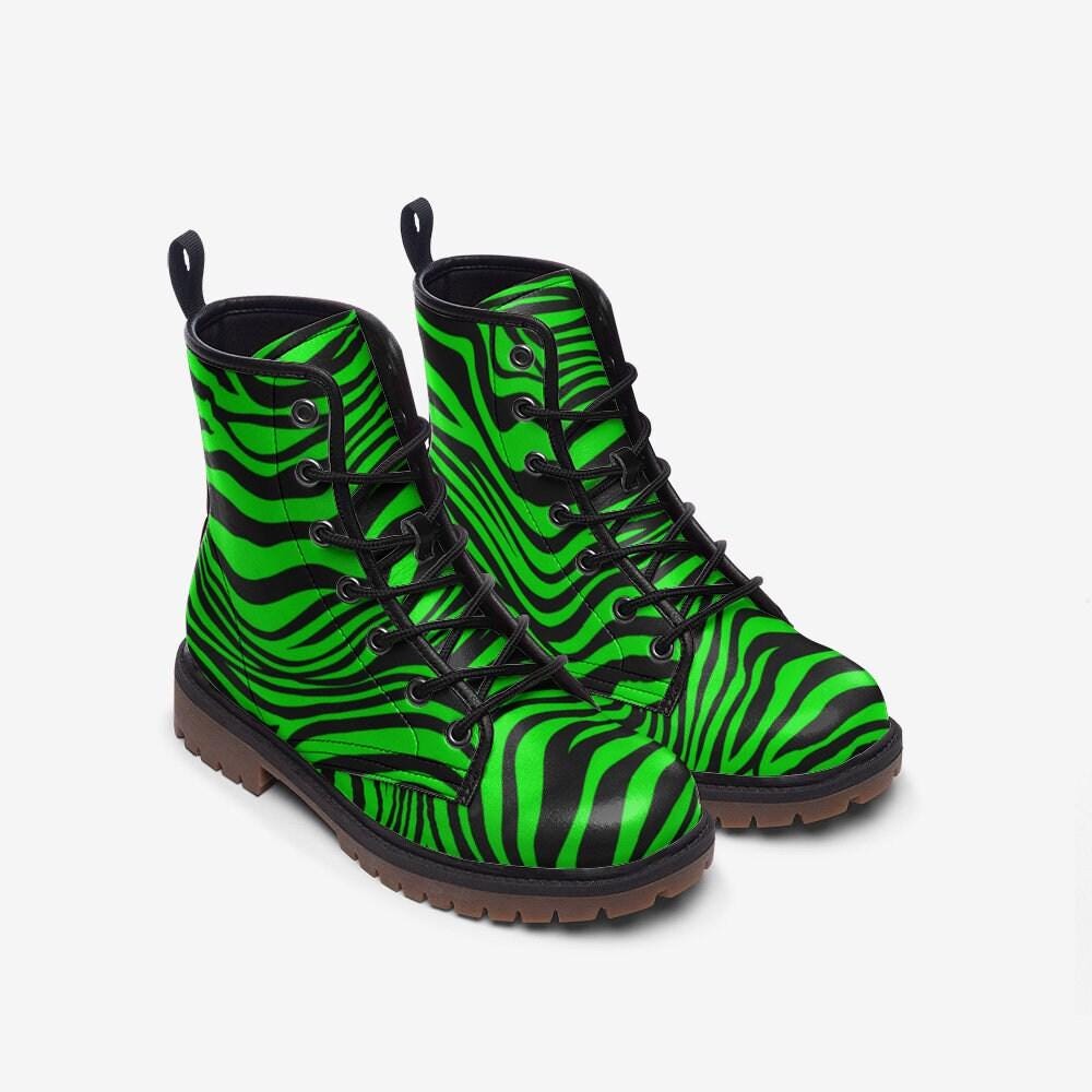 Neon Green Zebra Vegan Leather Boots – Edgy Festival Fashion