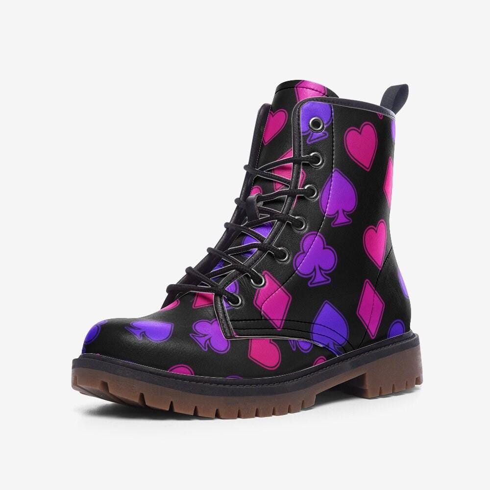 Neon Card Suit Print Combat Boots