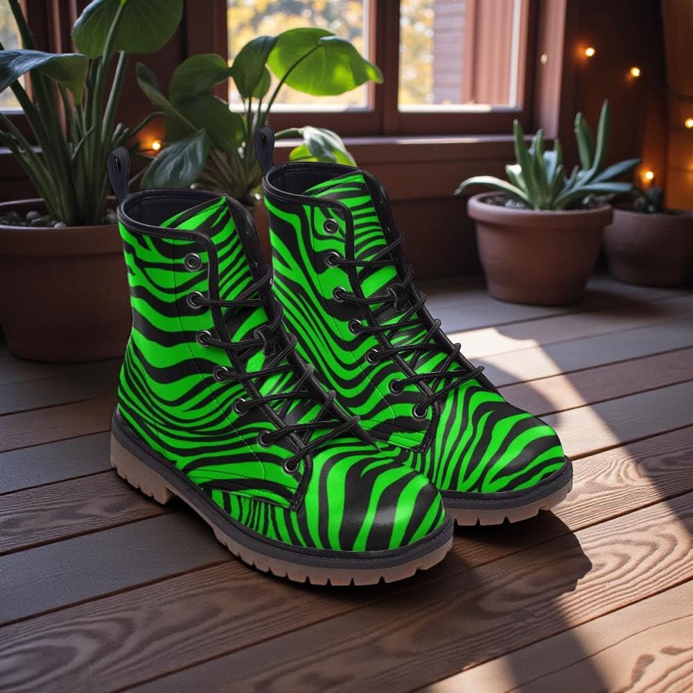Neon Green Zebra Vegan Leather Boots – Edgy Festival Fashion