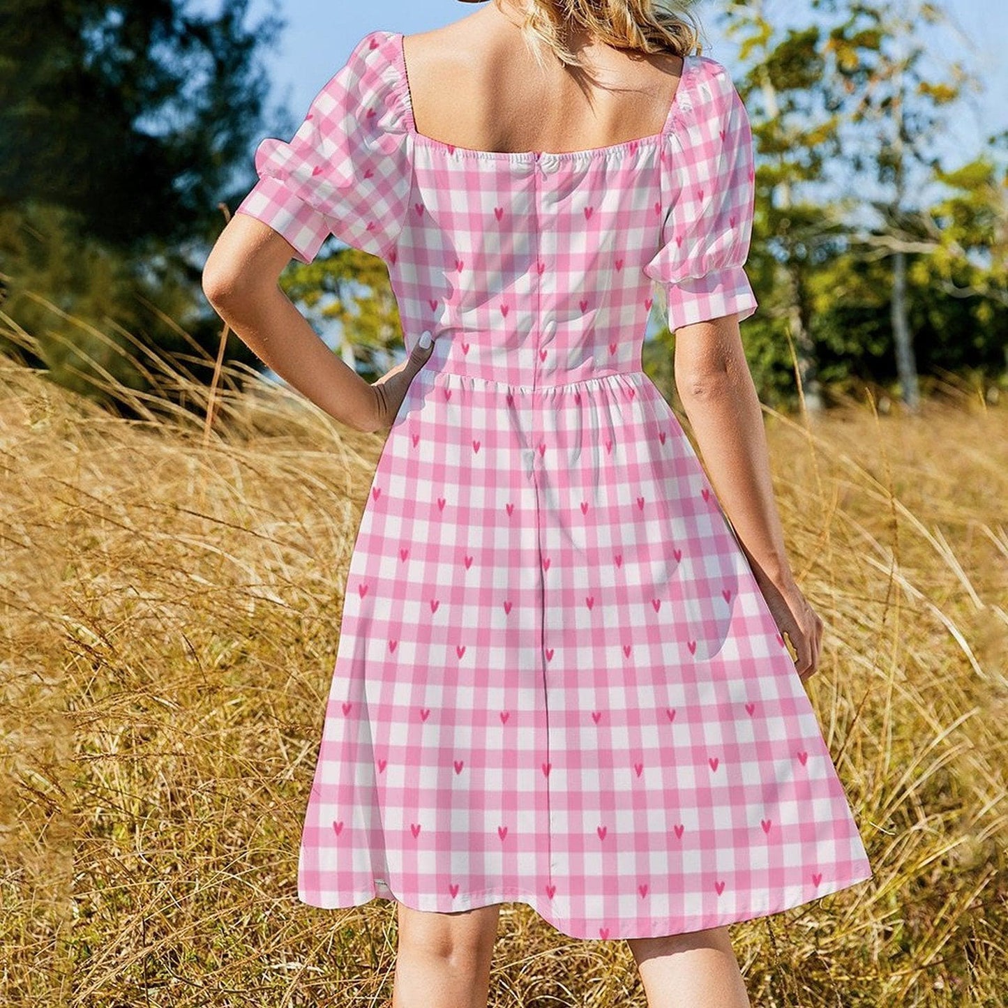 Pink Gingham Midi Dress with Hearts, Puff Sleeve Coquette Dress