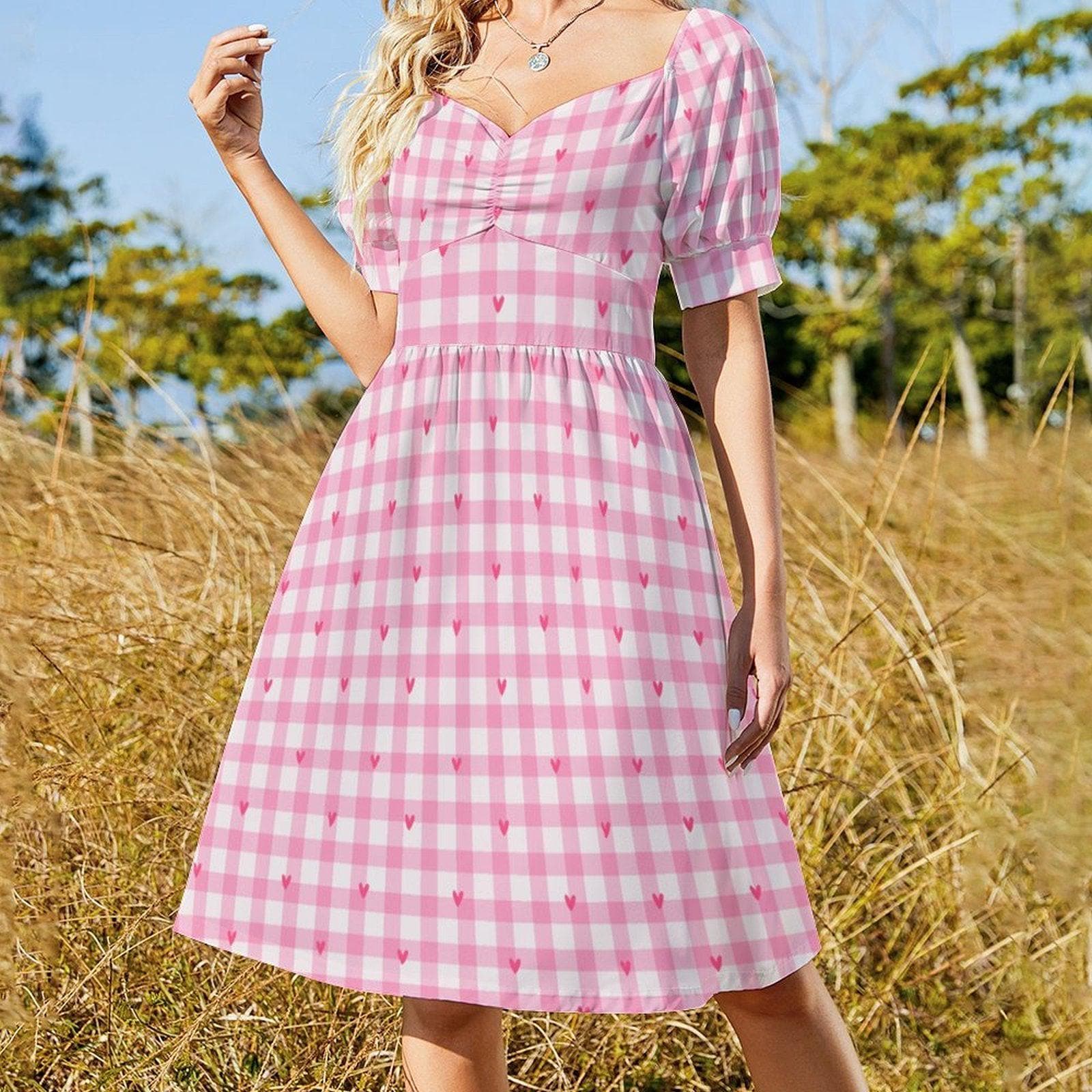 Pink Gingham Midi Dress with Hearts, Puff Sleeve Coquette Dress