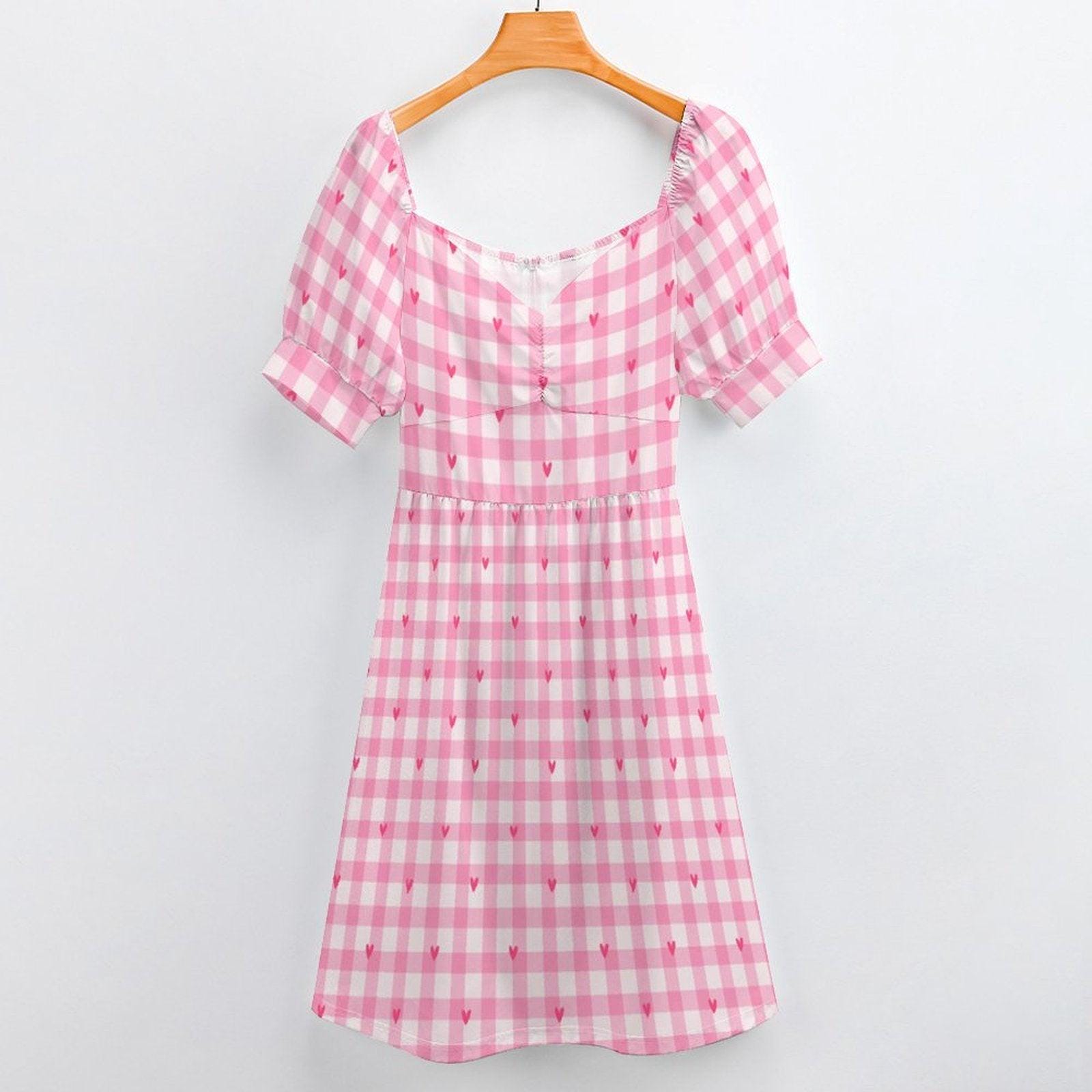 Pink Gingham Midi Dress with Hearts, Puff Sleeve Coquette Dress
