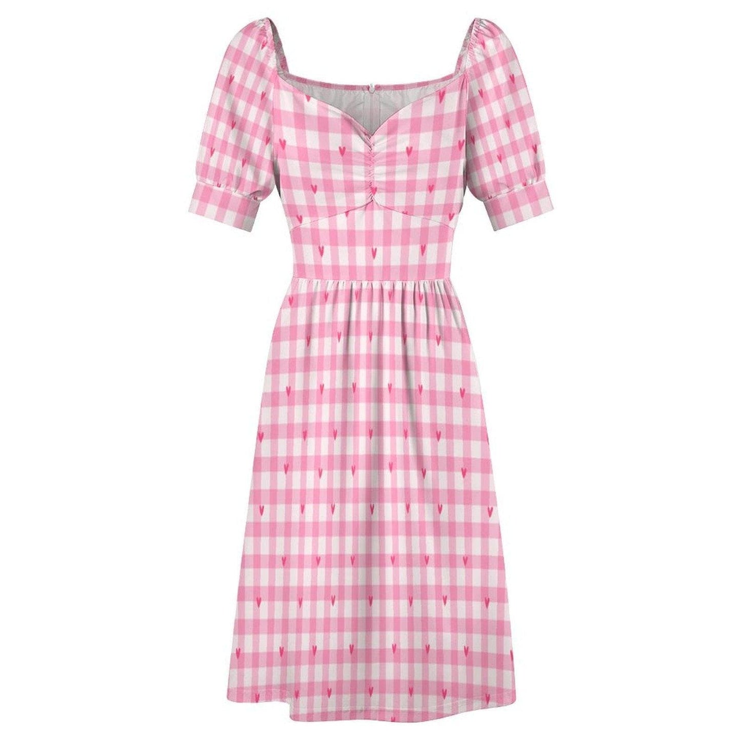 Pink Gingham Midi Dress with Hearts, Puff Sleeve Coquette Dress