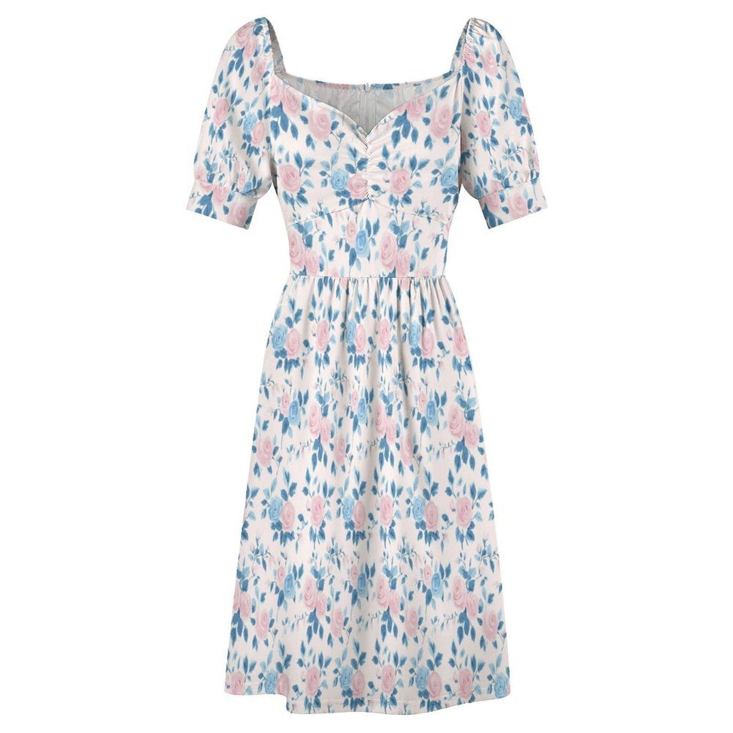 Baby Shower Guest Dress, Blue Floral Prairie Midi for Women, Feminine Sunday Best Outfit