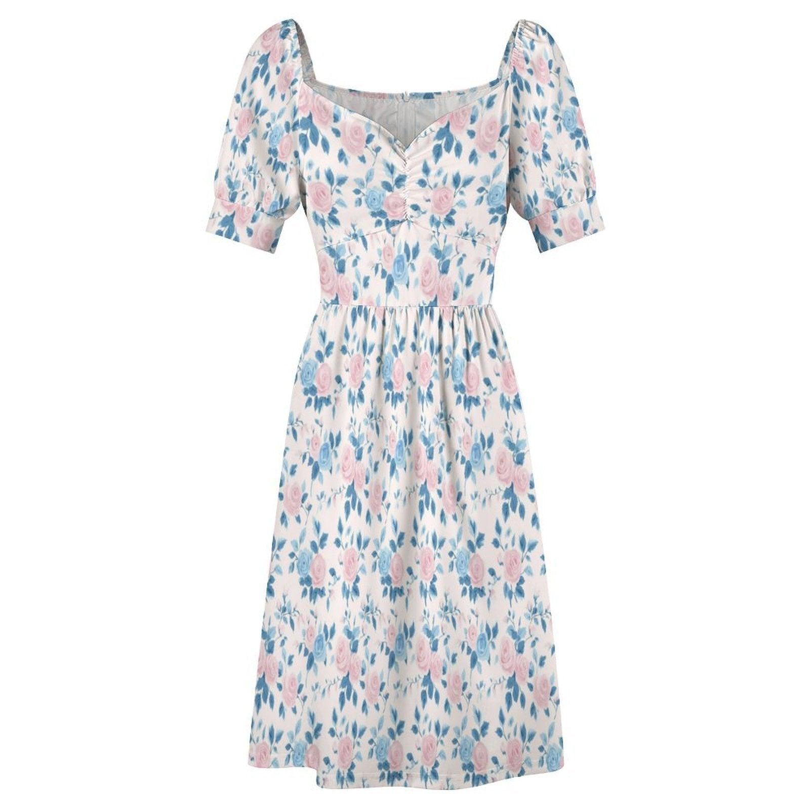 Baby Shower Guest Dress, Blue Floral Prairie Midi for Women, Feminine Sunday Best Outfit