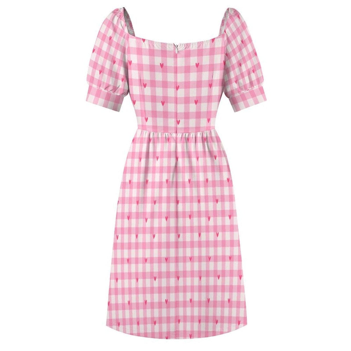Pink Gingham Midi Dress with Hearts, Puff Sleeve Coquette Dress