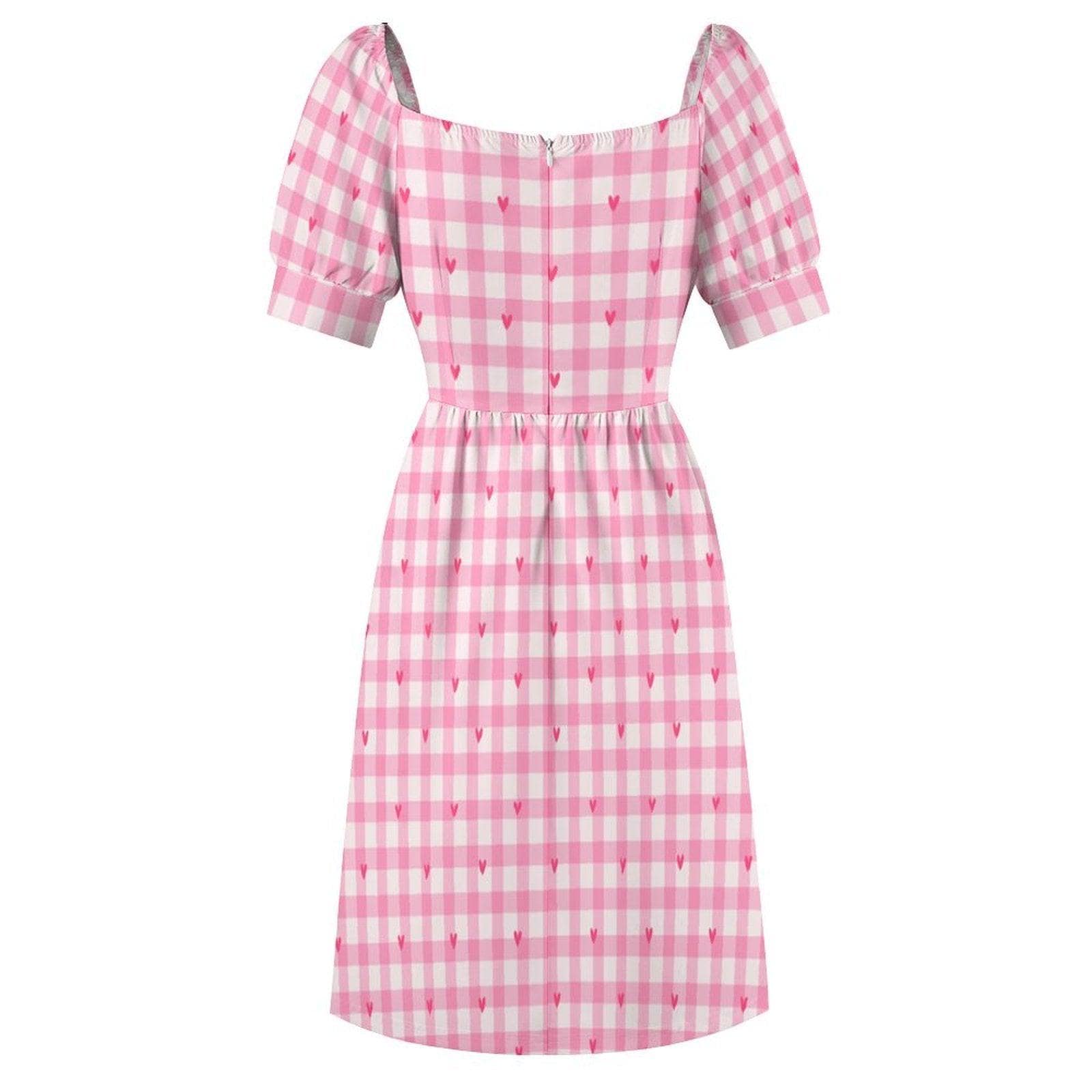 Pink Gingham Midi Dress with Hearts, Puff Sleeve Coquette Dress
