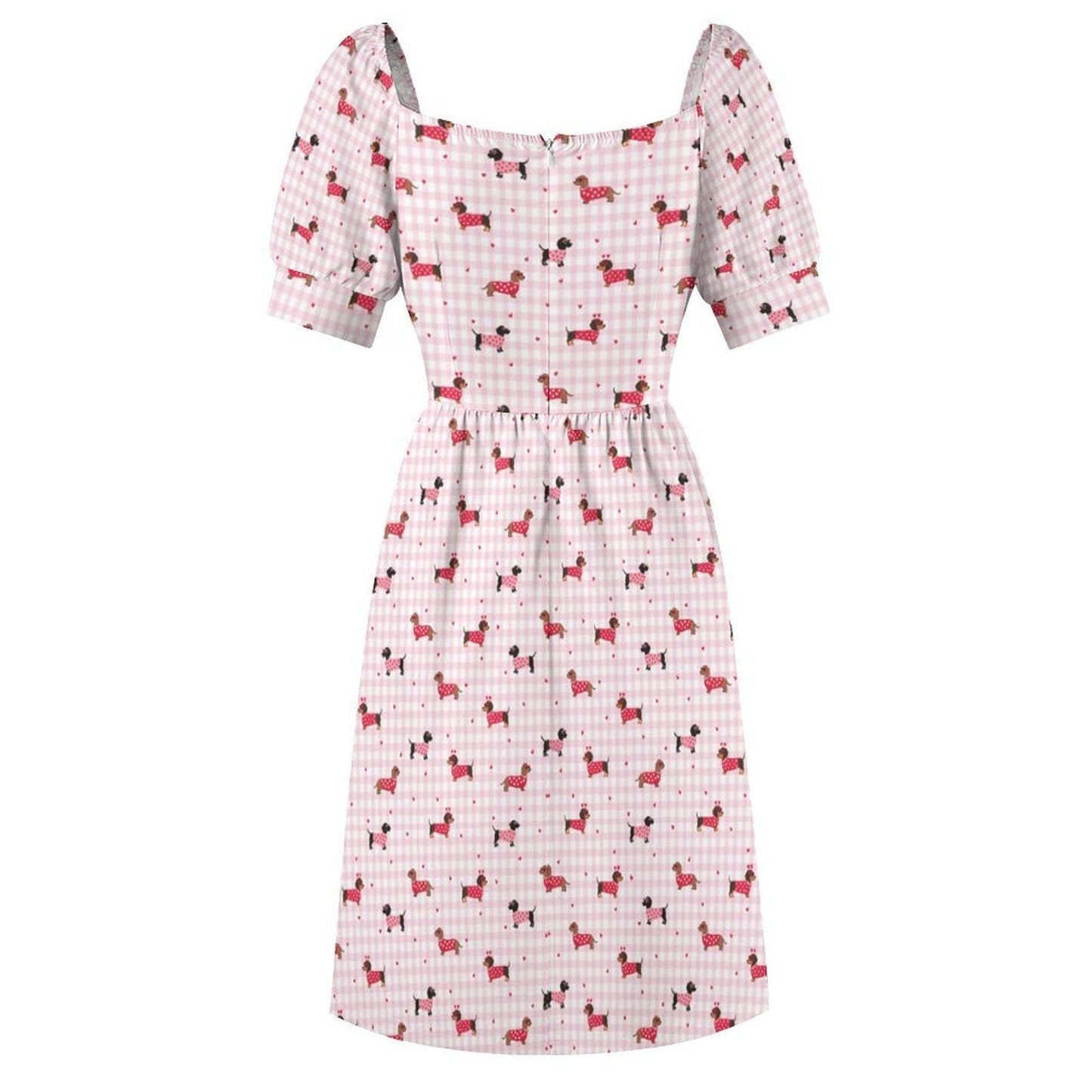 Pink Gingham Dachshund Midi Dress, Puff Sleeve Picnic Outfit, Dog Lover Fashion