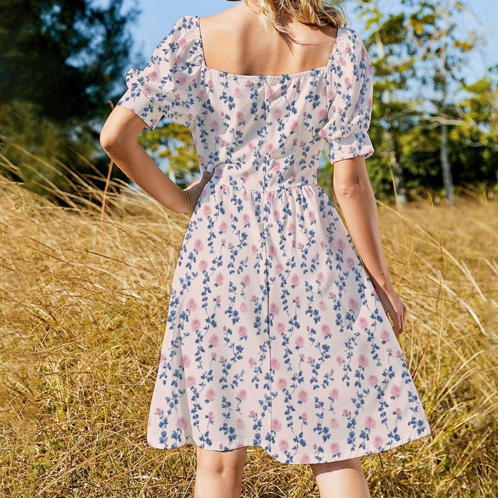 Blue Floral Tea Dress, Vintage Rose Sundress, French Country Cottage Dress