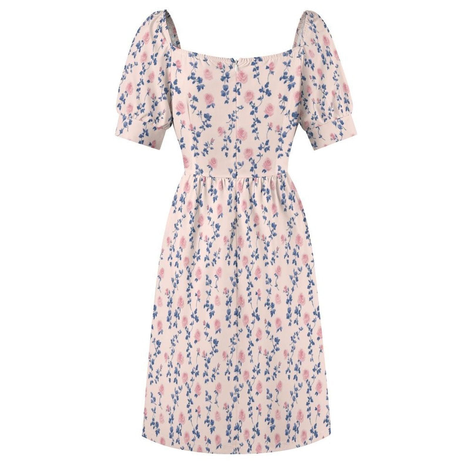 Blue Floral Tea Dress, Vintage Rose Sundress, French Country Cottage Dress