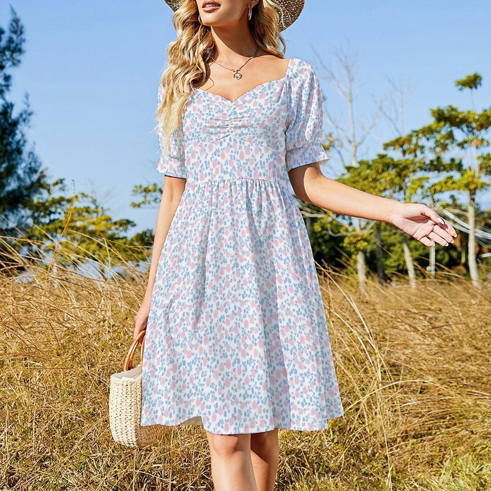 Pastel Floral Midi Dress, Puff Sleeve Tea Party Dress, Sweetheart Neck Sundress