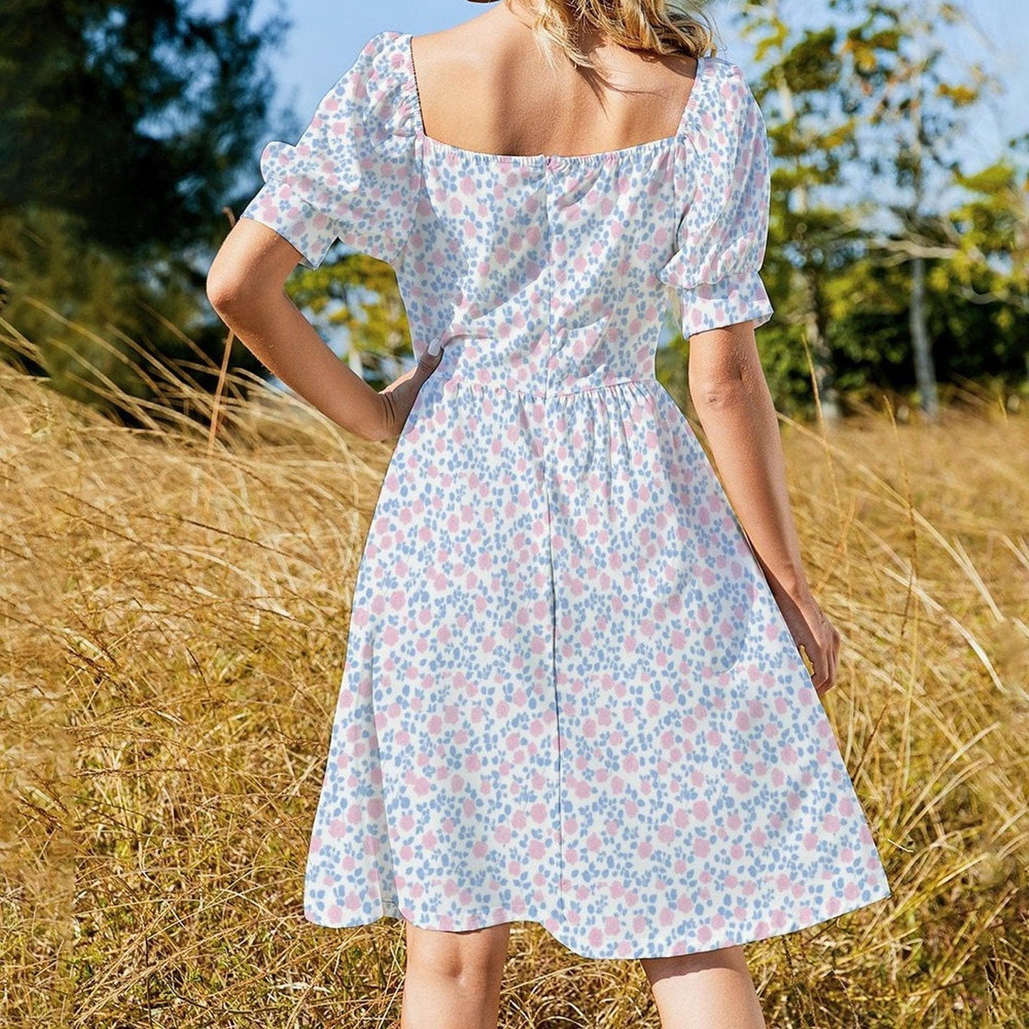 Pastel Floral Midi Dress, Puff Sleeve Tea Party Dress, Sweetheart Neck Sundress