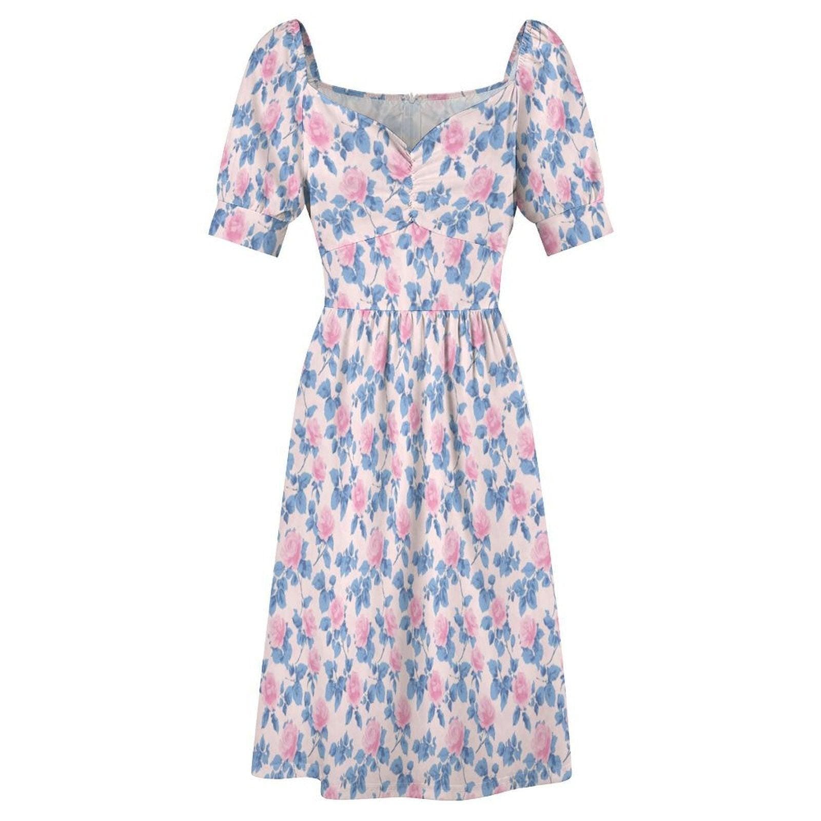 Pastel Floral Midi Dress, Puff Sleeve Sweetheart Neckline, Romantic Garden Party Outfit