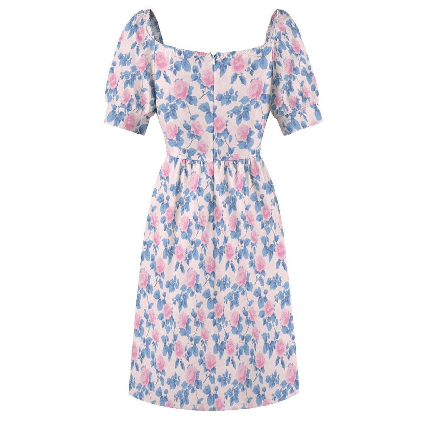 Pastel Floral Midi Dress, Puff Sleeve Sweetheart Neckline, Romantic Garden Party Outfit