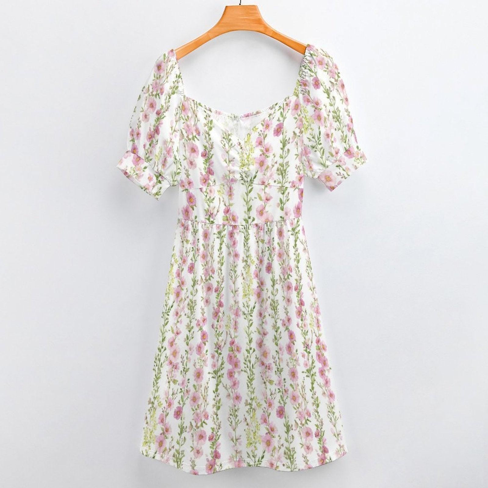 Pink Prairie Dress, Sweetheart Floral Dress, Puff Sleeve Spring Picnic Outfit