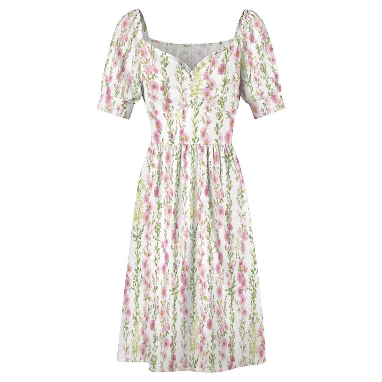 Pink Prairie Dress, Sweetheart Floral Dress, Puff Sleeve Spring Picnic Outfit