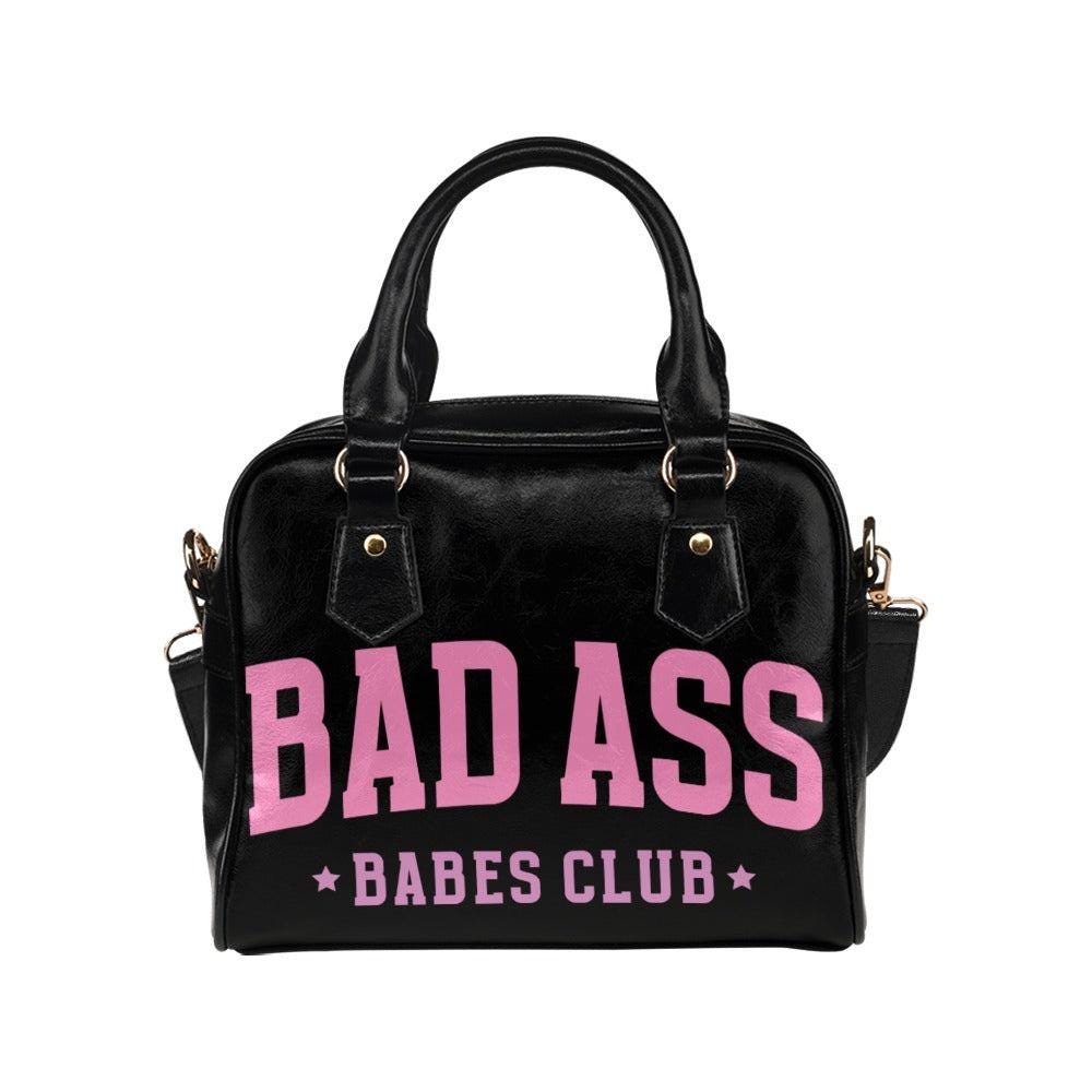 Badass Babes Club Black Statement Handbag, Pink Slogan Bowler Bag, Edgy Baddie Purse
