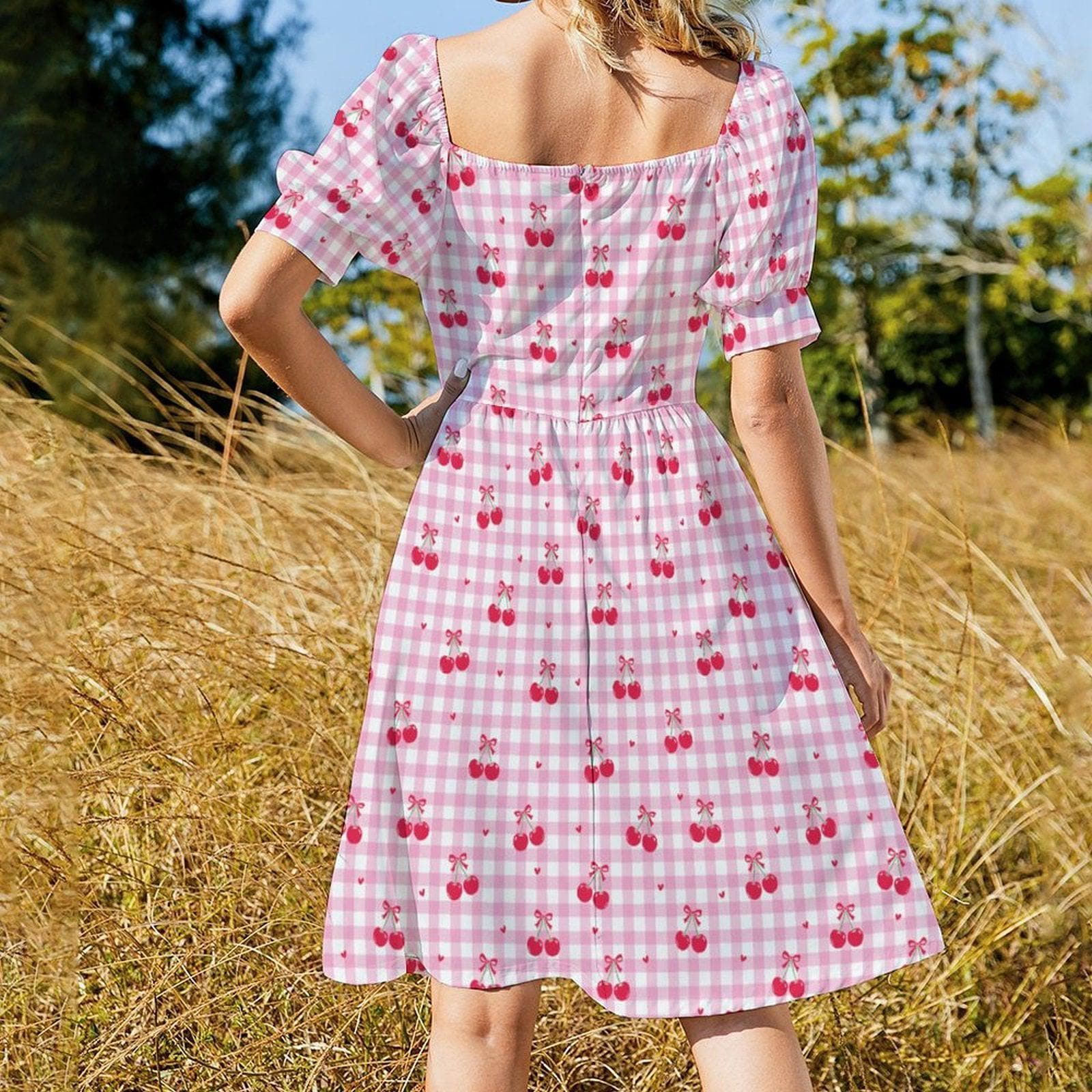 Pink Gingham Cherry Print Babydoll Dress, Summer Cottagecore Puff Sleeve Picnic Outfit