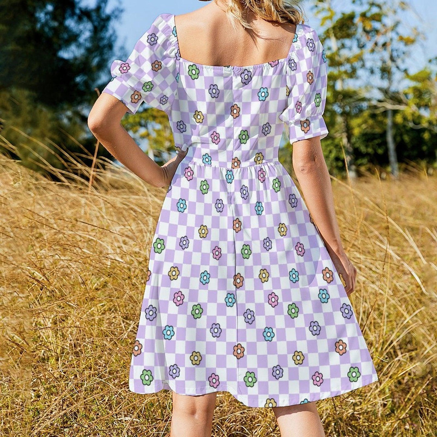 Lavender Checkerboard Dress, Groovy Daisy Midi for Picnic Dates and Spring Parties