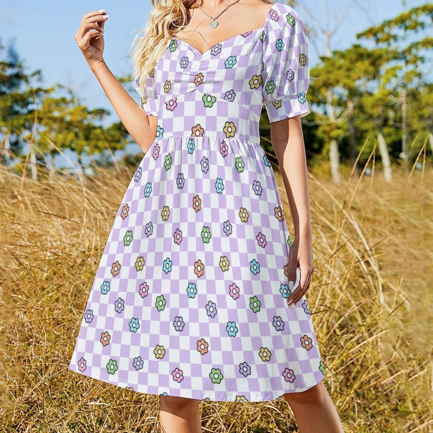 Lavender Checkerboard Dress, Groovy Daisy Midi for Picnic Dates and Spring Parties
