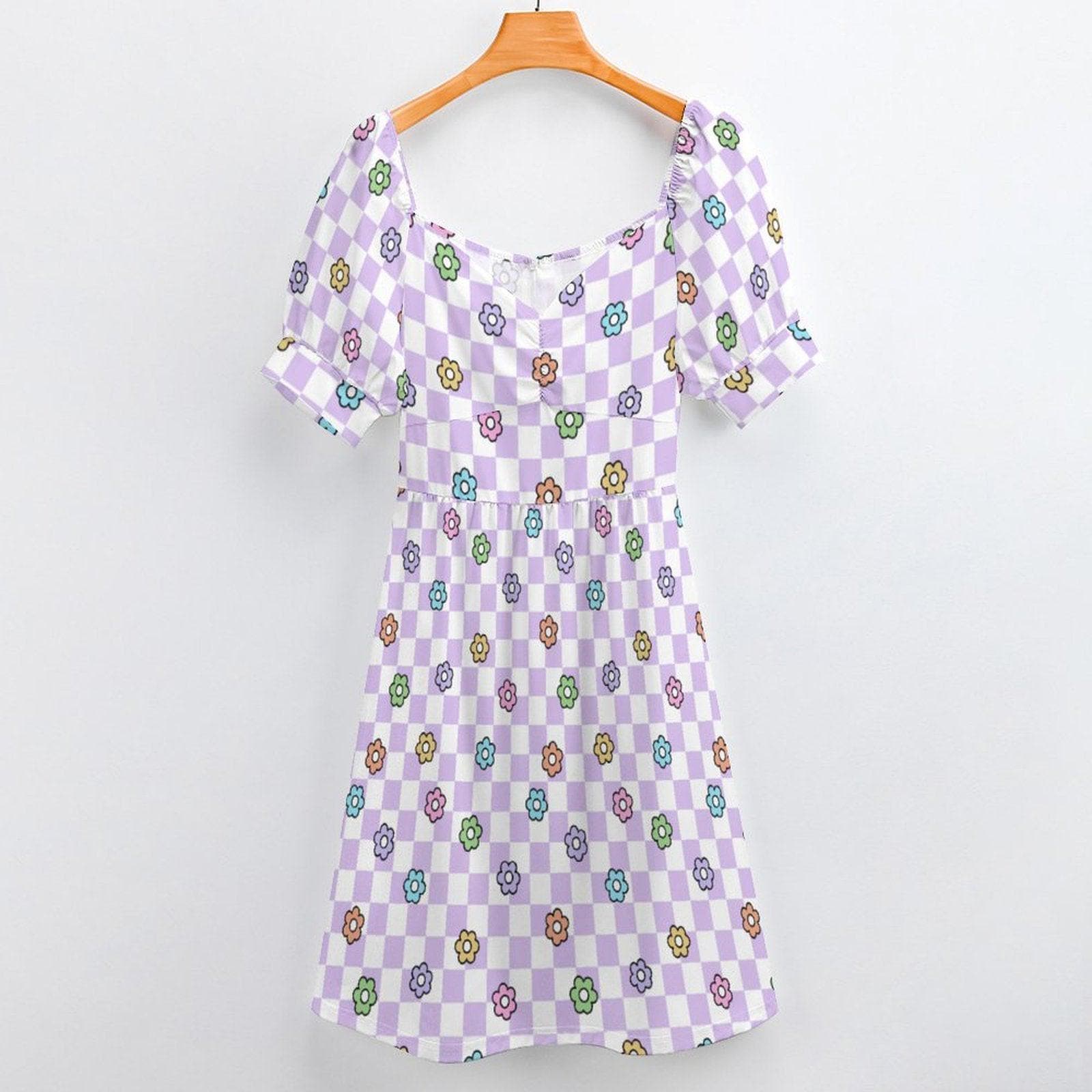 Lavender Checkerboard Dress, Groovy Daisy Midi for Picnic Dates and Spring Parties
