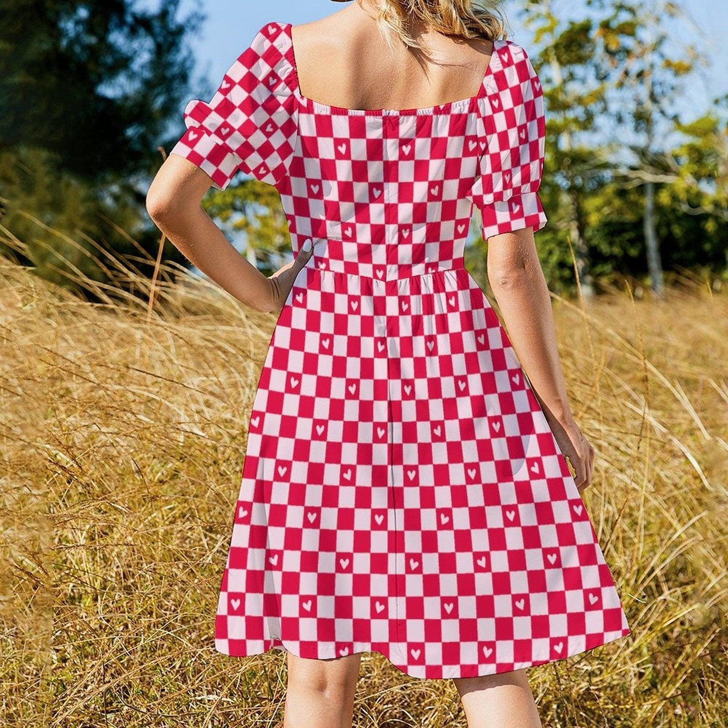 Valentine Check Dress, Pink Heart Pattern Dress, Retro Sweet Date Outfit