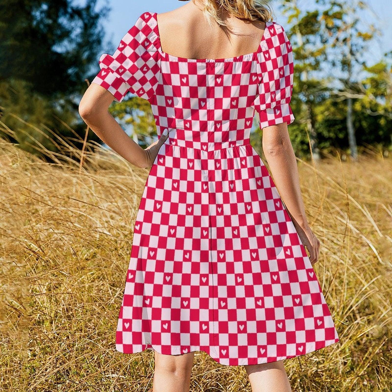 Valentine Check Dress, Pink Heart Pattern Dress, Retro Sweet Date Outfit