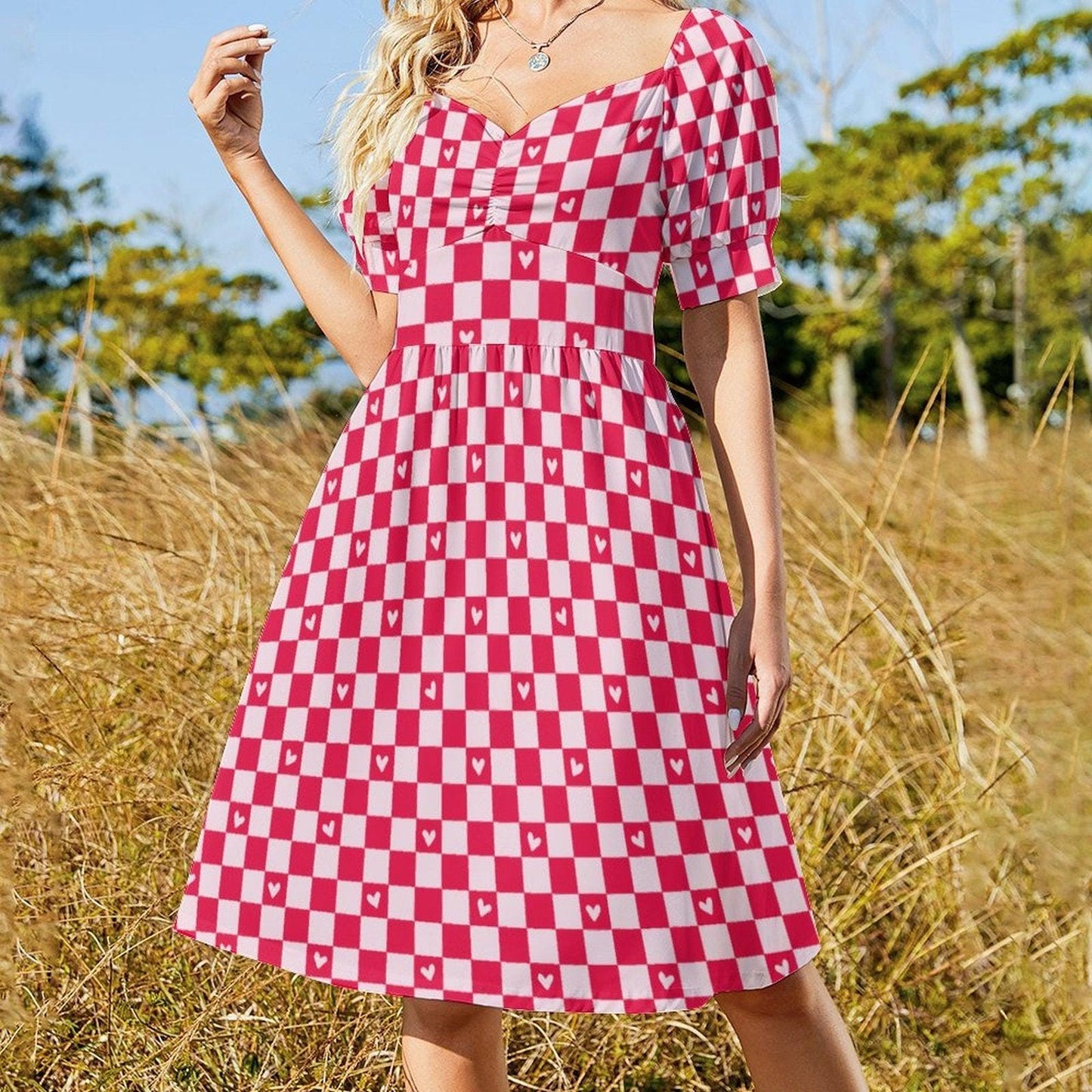 Valentine Check Dress, Pink Heart Pattern Dress, Retro Sweet Date Outfit